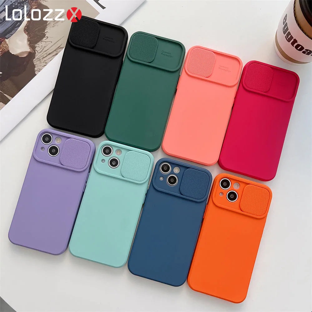 Slide Camera Protection Candy Color Soft Silicone Phone Case For iPhone 17 16 15 14 13 12 11 Pro XS Max X XR Plus Bumper Cover