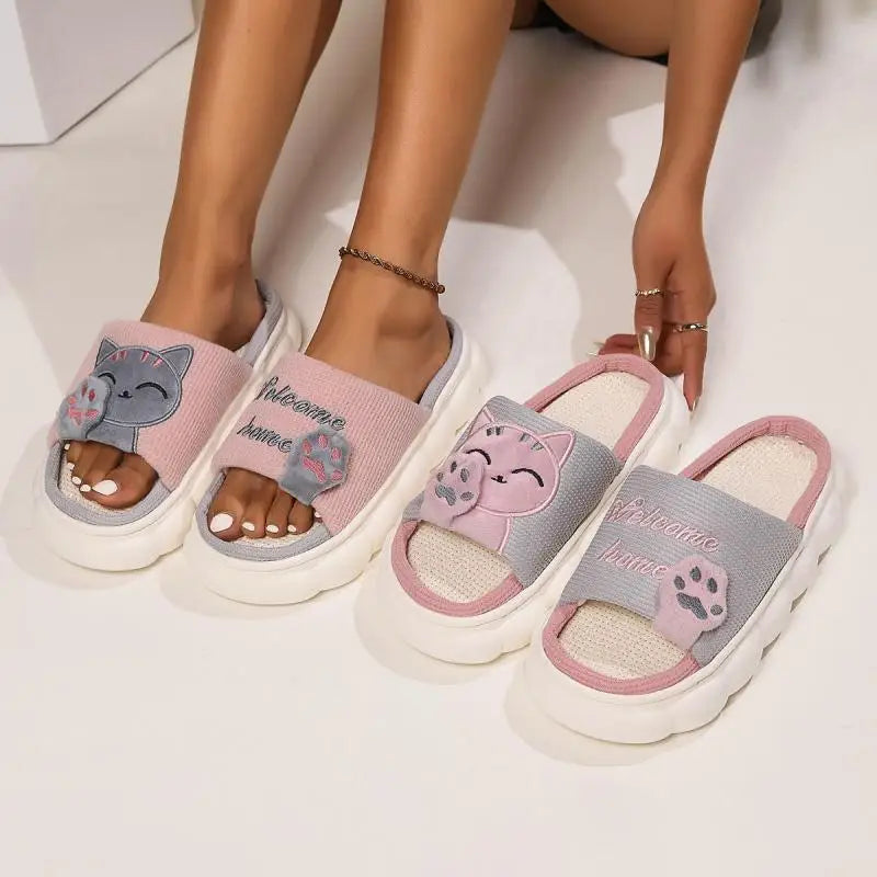 Linen Casual Women's Slippers Home Platform Cartoon Cat Designer Shoes Girls Flat Fashion Spring Summer Elegant Footwear Indoor