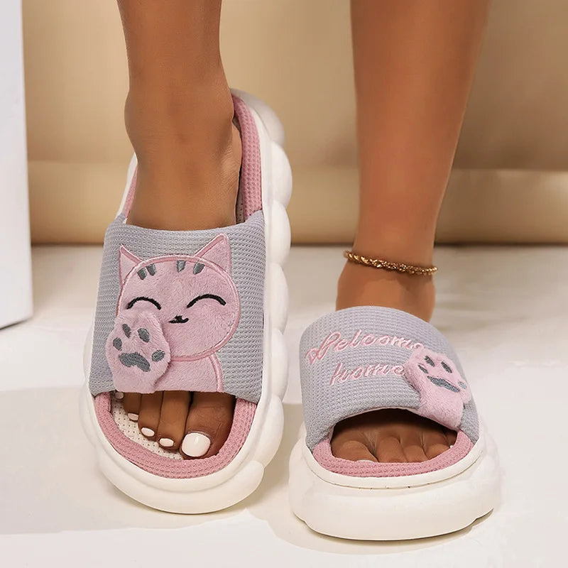 Linen Casual Women's Slippers Home Platform Cartoon Cat Designer Shoes Girls Flat Fashion Spring Summer Elegant Footwear Indoor