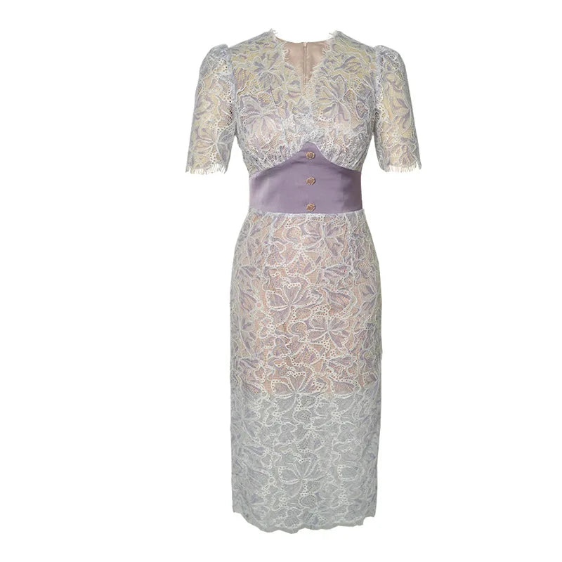 Elegant Gentle Dress Women Fairycore Sexy Midi Dresses Sheer Lace Hook Flowers Bodycon Split Robe Femme Date Party Date Vestidos