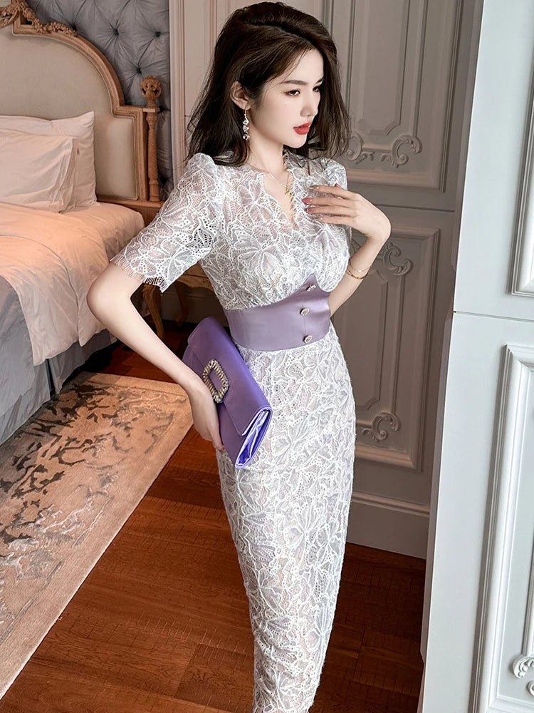 Elegant Gentle Dress Women Fairycore Sexy Midi Dresses Sheer Lace Hook Flowers Bodycon Split Robe Femme Date Party Date Vestidos