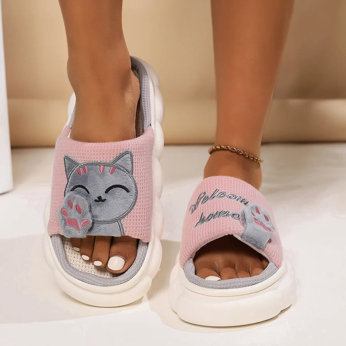 Linen Casual Women's Slippers Home Platform Cartoon Cat Designer Shoes Girls Flat Fashion Spring Summer Elegant Footwear Indoor