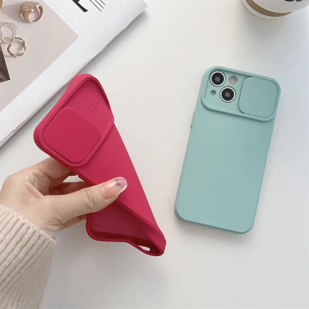 Slide Camera Protection Candy Color Soft Silicone Phone Case For iPhone 17 16 15 14 13 12 11 Pro XS Max X XR Plus Bumper Cover