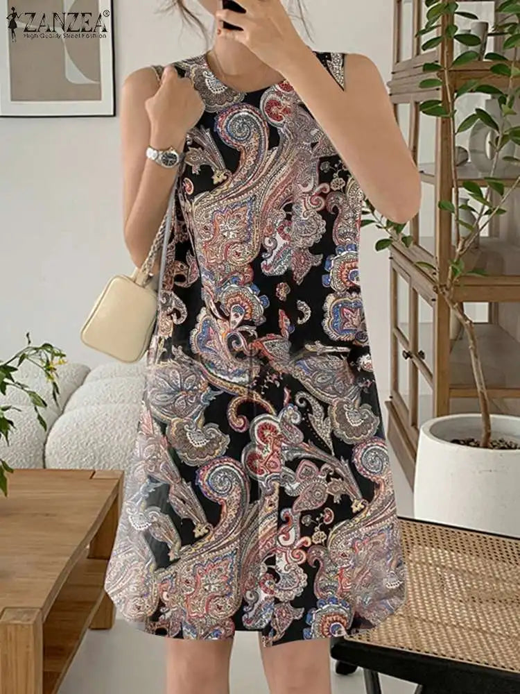 ZANZEA Holiday Party Sundress Bohemian Mini Dress Women Sleeveless Print Pleated Dresses 2023 Summer Vintage Beach Tank Vestido