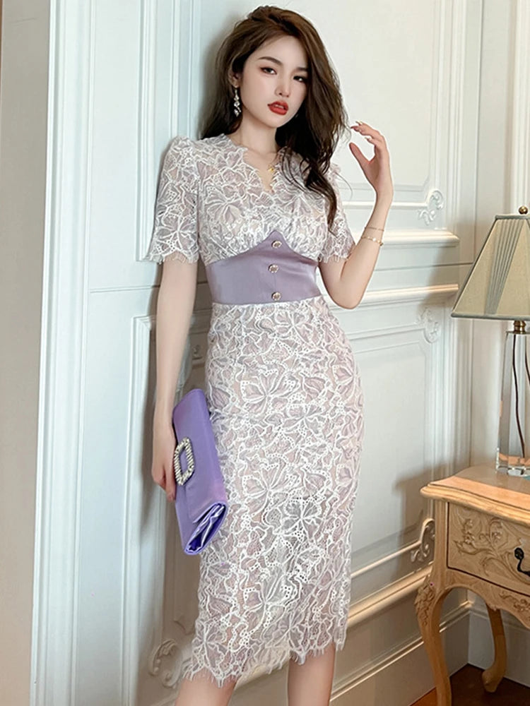 Elegant Gentle Dress Women Fairycore Sexy Midi Dresses Sheer Lace Hook Flowers Bodycon Split Robe Femme Date Party Date Vestidos