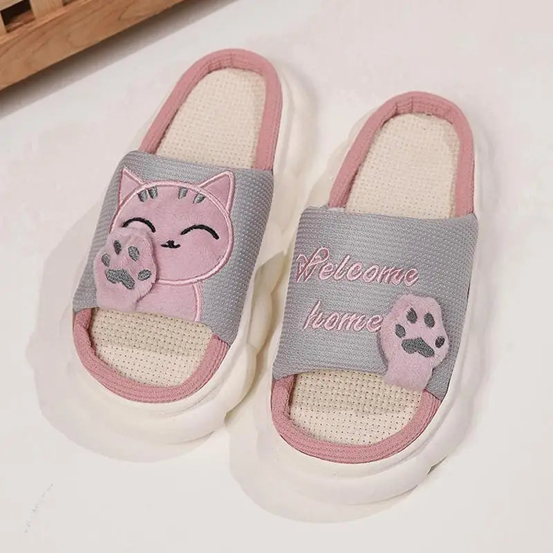 Linen Casual Women's Slippers Home Platform Cartoon Cat Designer Shoes Girls Flat Fashion Spring Summer Elegant Footwear Indoor