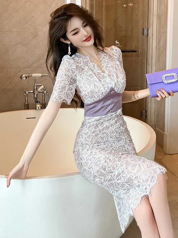 Elegant Gentle Dress Women Fairycore Sexy Midi Dresses Sheer Lace Hook Flowers Bodycon Split Robe Femme Date Party Date Vestidos