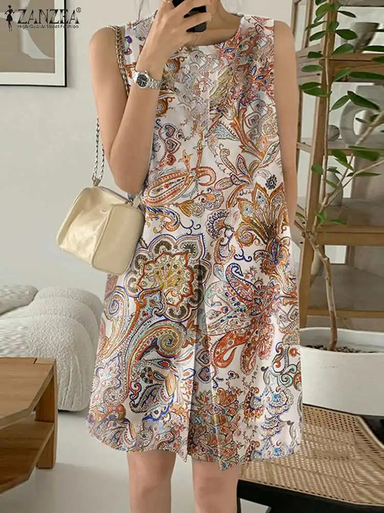 ZANZEA Holiday Party Sundress Bohemian Mini Dress Women Sleeveless Print Pleated Dresses 2023 Summer Vintage Beach Tank Vestido