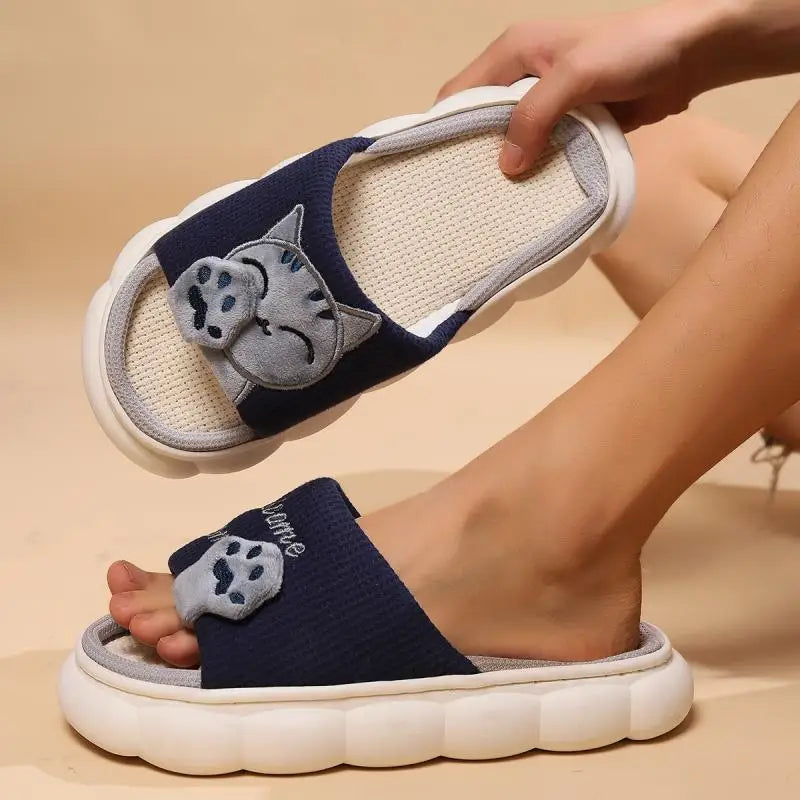 Linen Casual Women's Slippers Home Platform Cartoon Cat Designer Shoes Girls Flat Fashion Spring Summer Elegant Footwear Indoor
