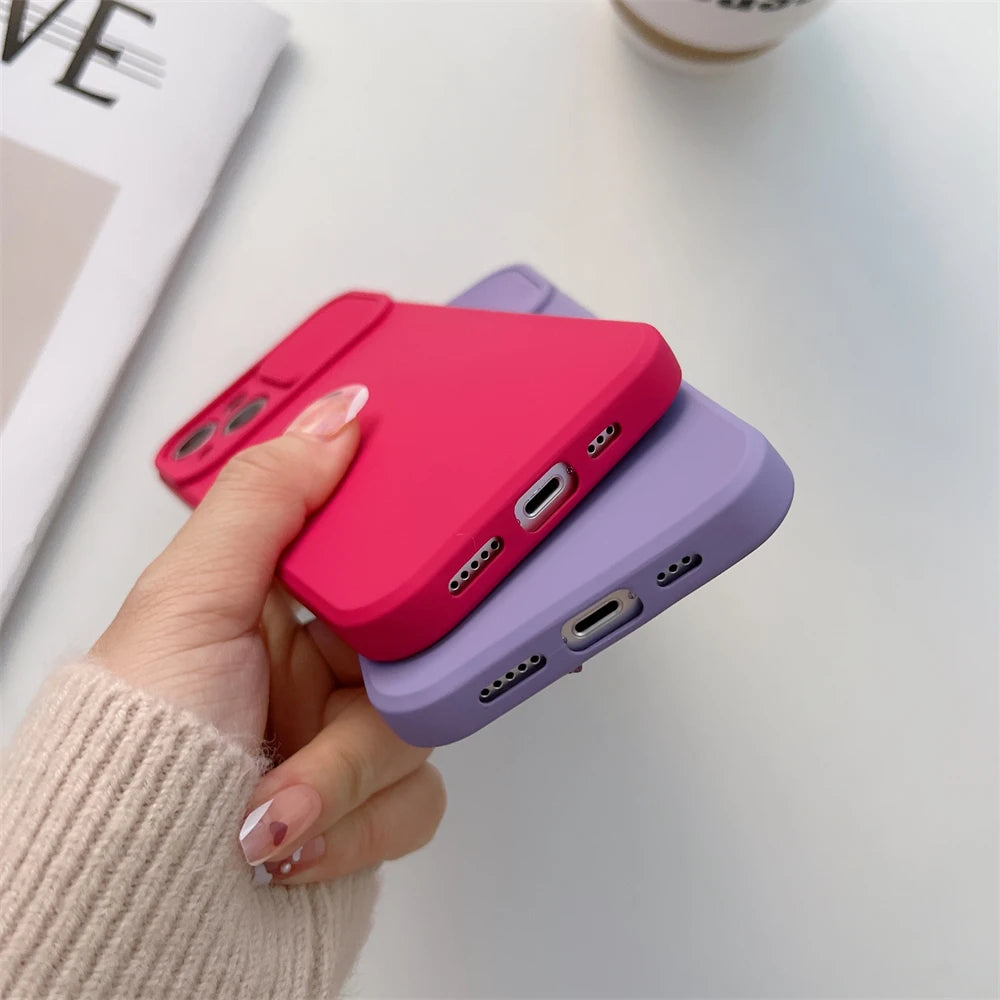 Slide Camera Protection Candy Color Soft Silicone Phone Case For iPhone 17 16 15 14 13 12 11 Pro XS Max X XR Plus Bumper Cover