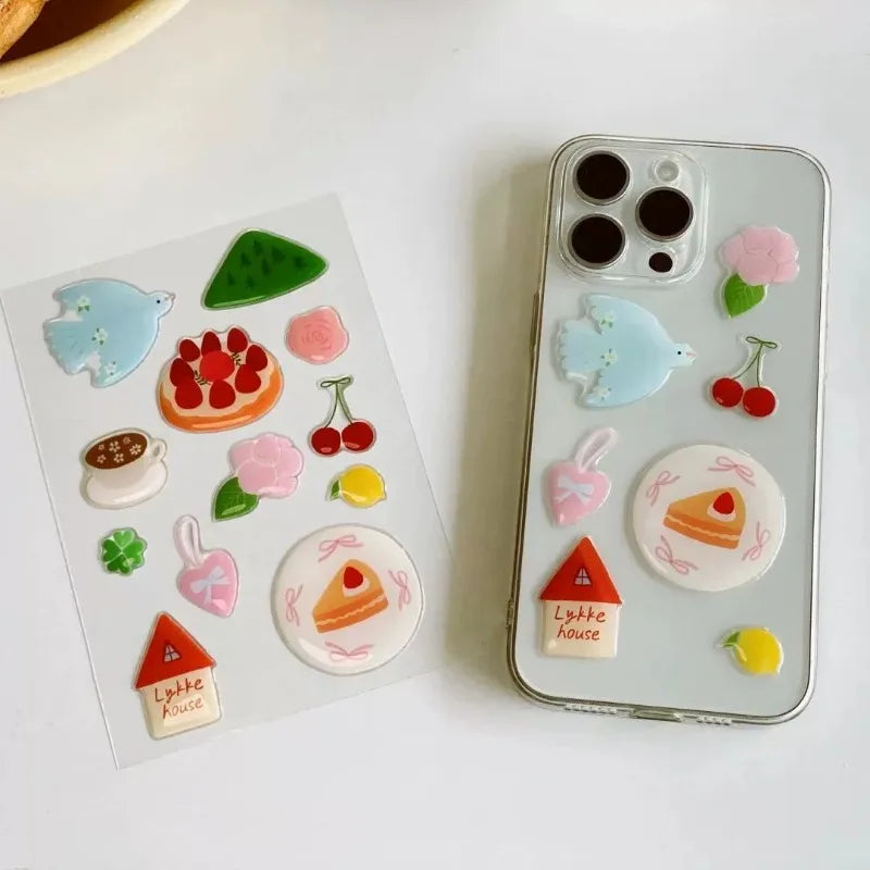 Cute Cartoon Bird Cake 3D Jelly Stickers Epoxy Resin Relief Decal DIY Waterproof Lovely Decoration for Phone Case Tablet Laptops